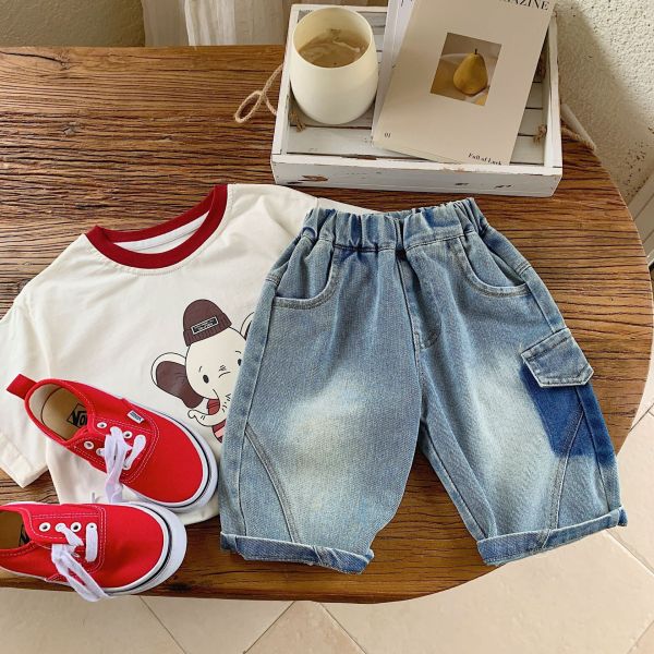 水洗暈染可愛布標七分牛仔褲 