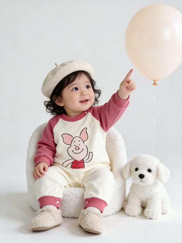 撞色拚袖粉紅小豬連身裝 