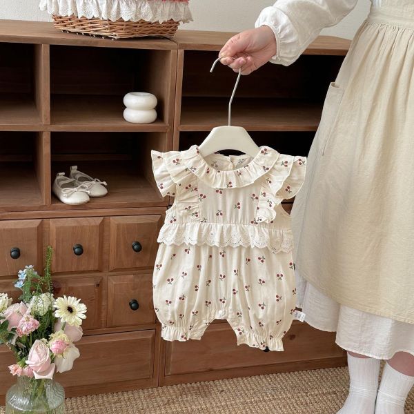 滿印櫻桃蕾絲荷葉連身裝 