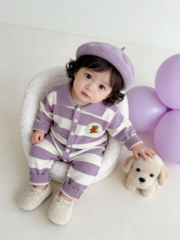 小熊圓標翻領條紋連身裝(3色) 