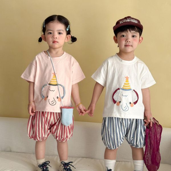 生日帽可愛大象上衣+豎條紋短褲套裝 