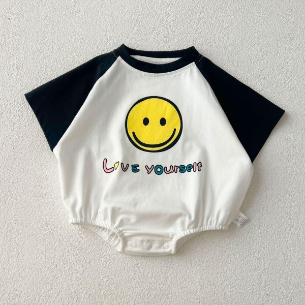 撞色拼袖可愛笑臉包屁衣 