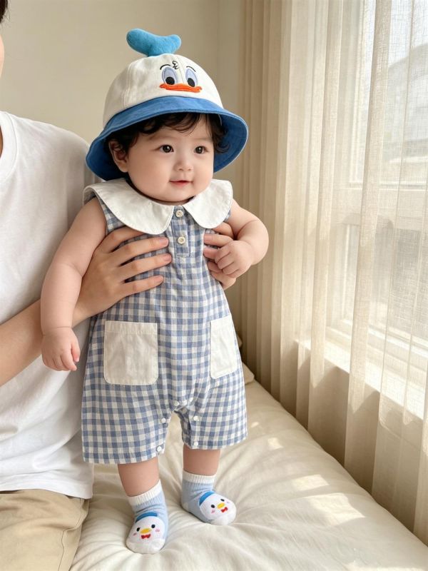 可愛鴨子翻領格紋連身裝 