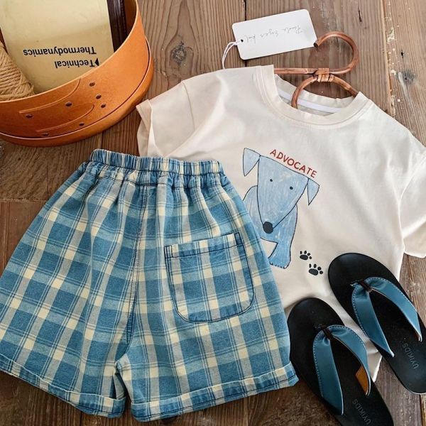 復古古著格紋五分短褲 