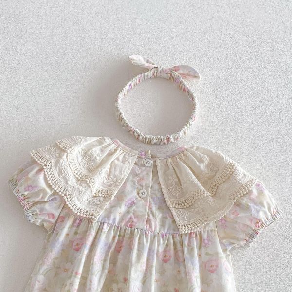 花邊大翻領碎花包屁衣+髮帶 