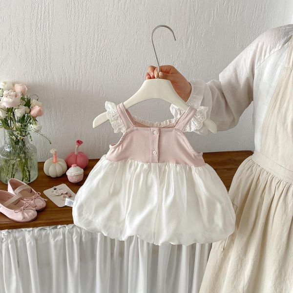 假兩件蕾絲拼接蝴蝶結澎澎連身裙 