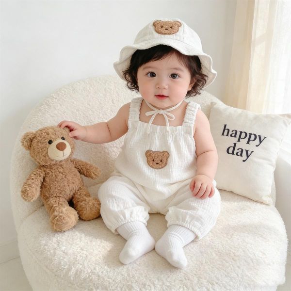 紗布棉小熊布標背帶連身褲+帽 