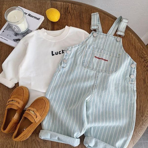 刷舊豎條紋水洗牛仔吊帶褲 