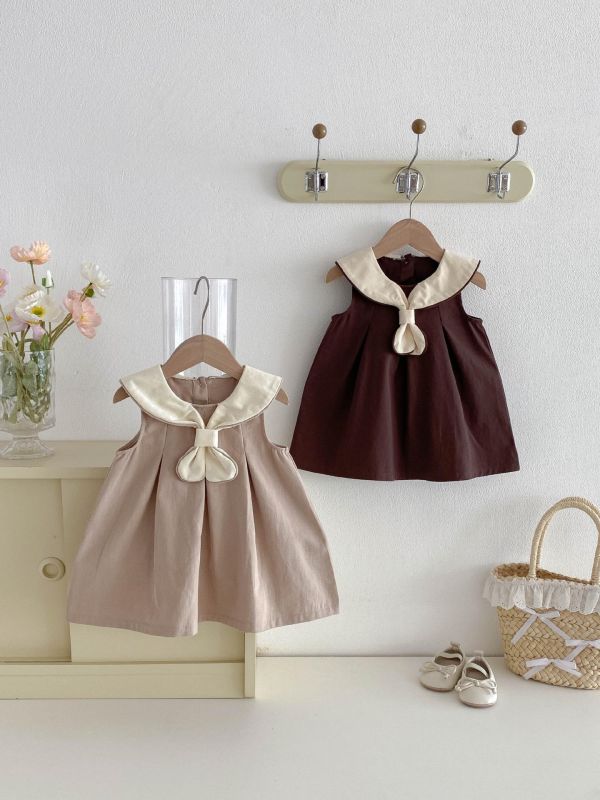 學院風領結削肩連身洋裝 