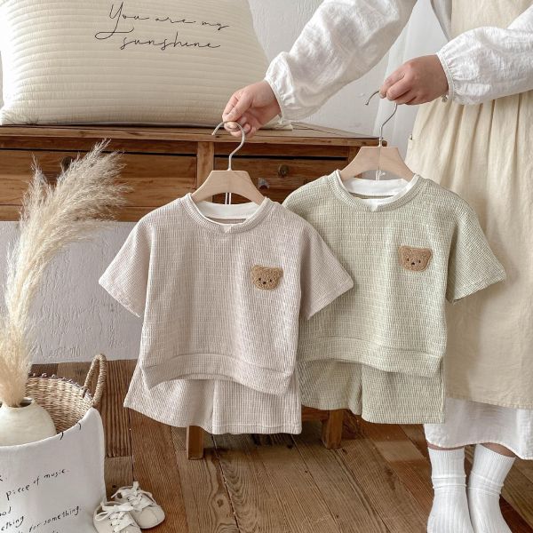 假兩件小熊華夫格上衣+短褲套裝 
