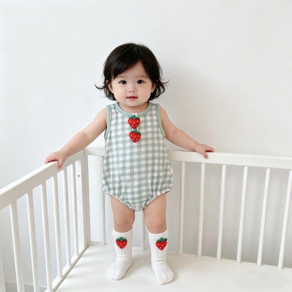 可愛草莓格紋棉質包屁衣 