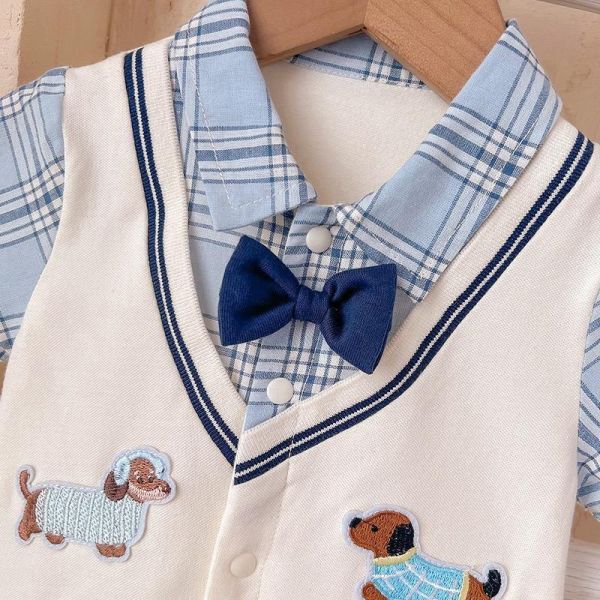 學院風狗狗刺繡假兩件領結連身裝 