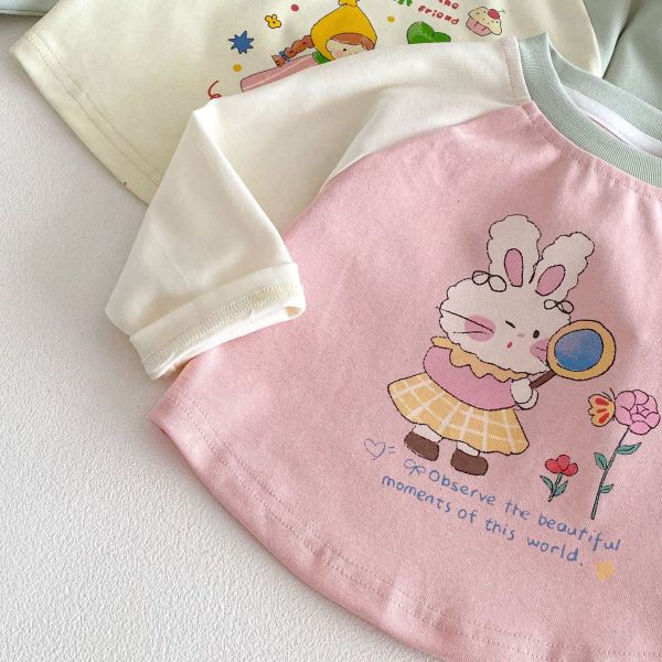 撞色拚袖可愛印花春秋上衣 