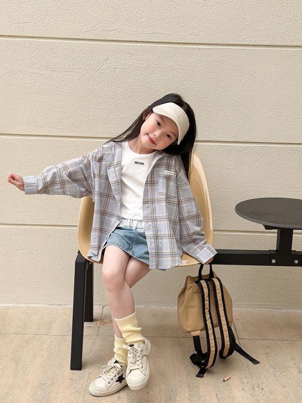 親子-經典格紋後字母連帽薄上衣 