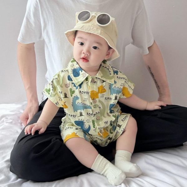 滿印恐龍翻領開釦連身裝 