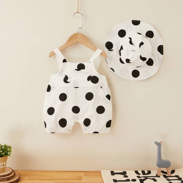 棉麻大波點點吊帶褲(含帽) 