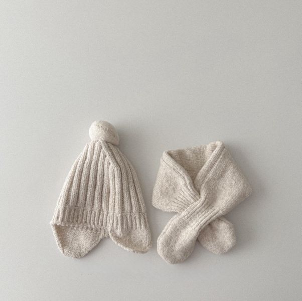 素色螺紋精靈護耳帽+圍脖 