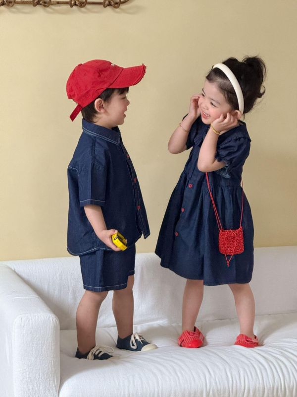 男女童笑臉牛仔襯衫布套裝/洋裝 