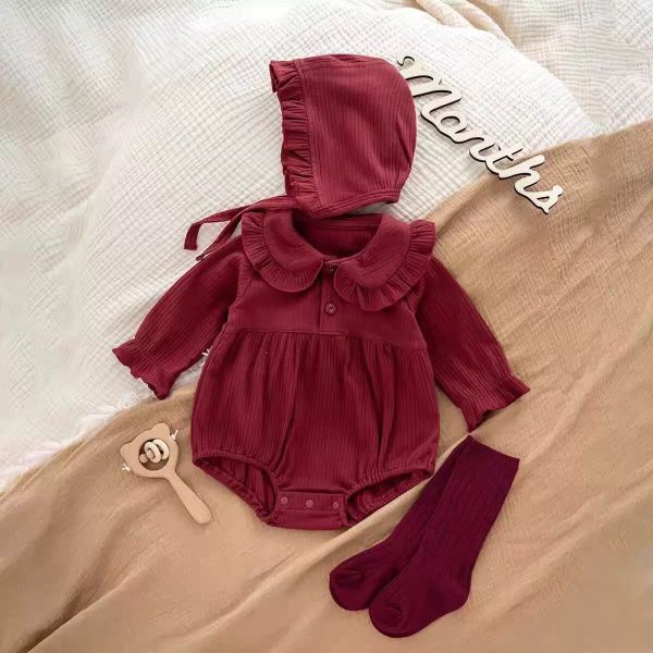 新生兒酒紅色質感花領包屁衣 