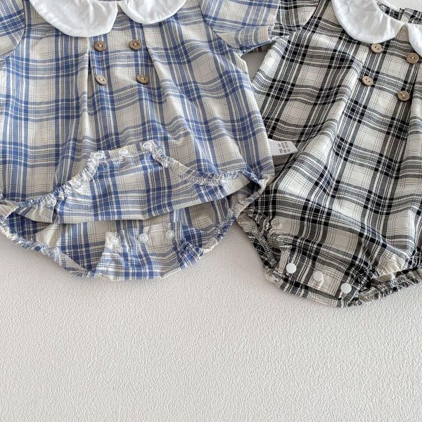 復古娃娃領格紋包屁衣+帽 