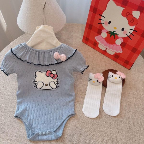 荷葉領貓咪貼布彈力包屁衣 