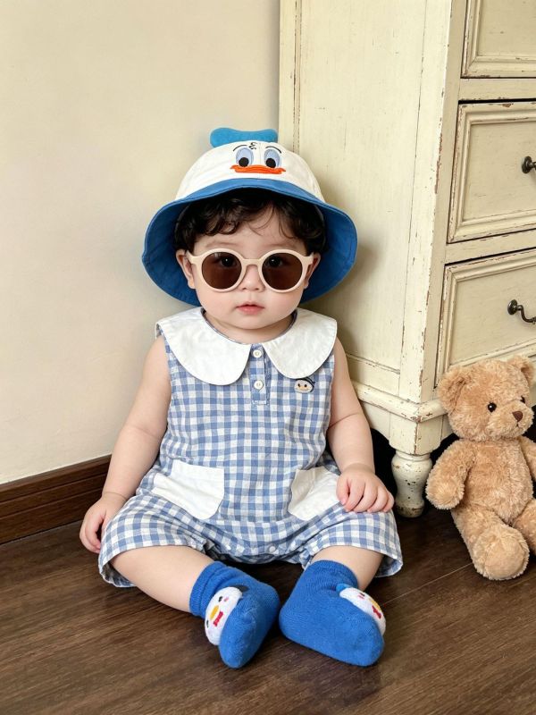 可愛鴨子翻領格紋連身裝 