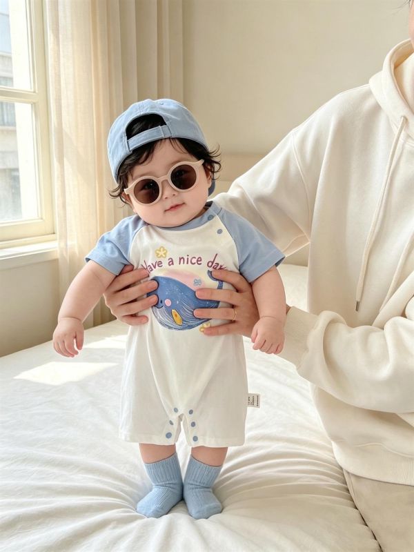 海洋鯨魚印花拼袖連身裝 