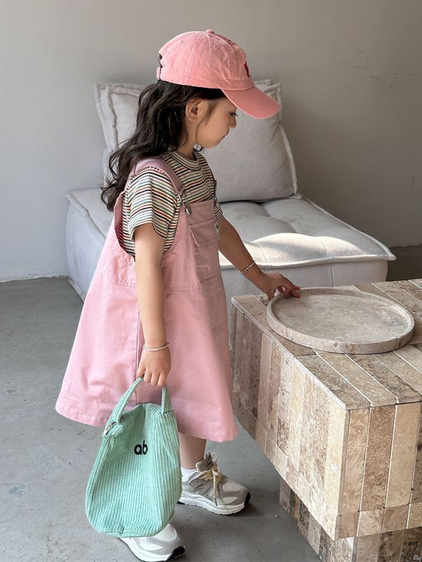 條紋上衣+粉色吊帶連身裙套裝 