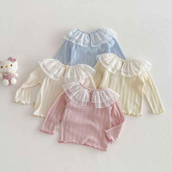 網紗荷葉領卡通素色彈力上衣 