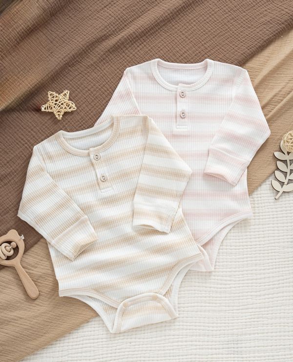 新生兒螺紋條紋開釦四季包屁衣 