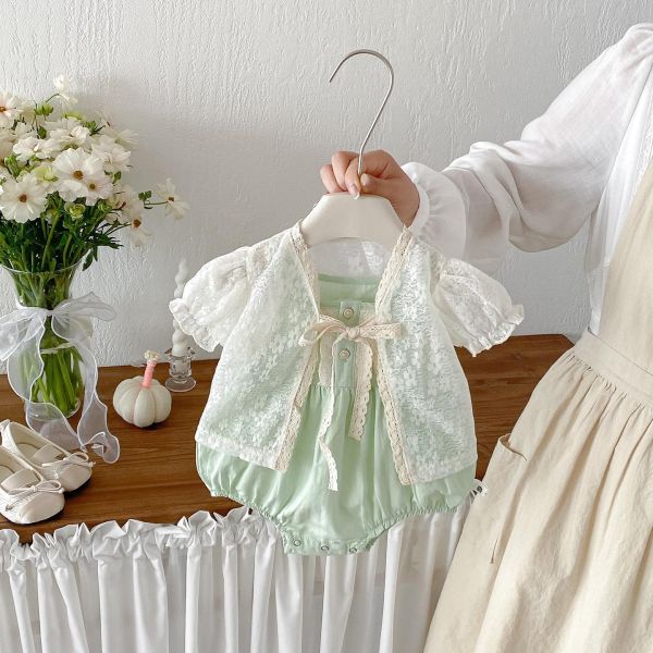 兩件套-泡袖蕾絲外套+細肩包屁衣 