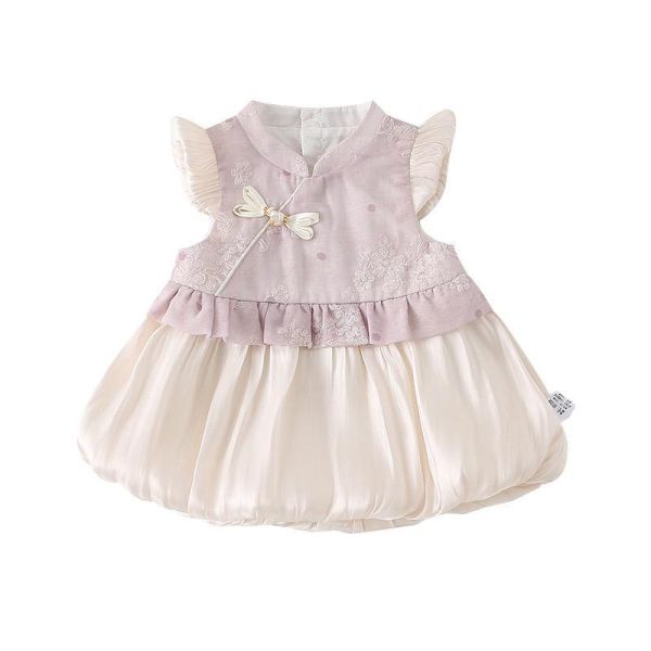 復古旗袍拼接澎裙連身裙 