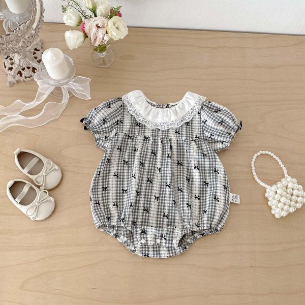 蝴蝶結格紋蕾絲花邊領包屁衣 