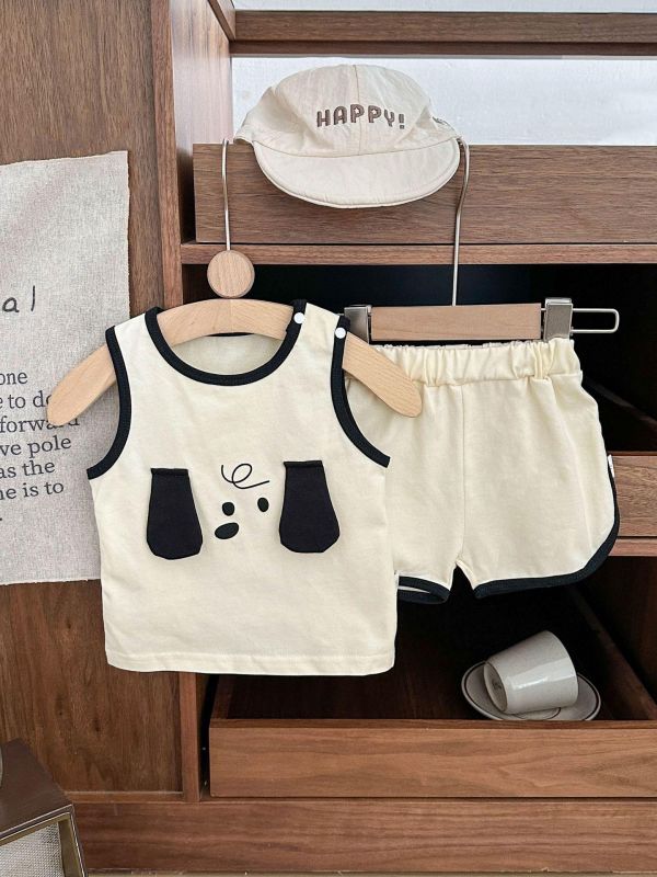 簡約狗狗立體耳朵背心式套裝 