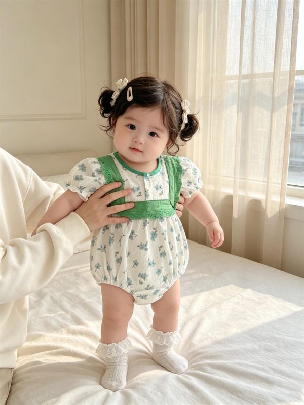 田園碎花綠方領包屁衣 