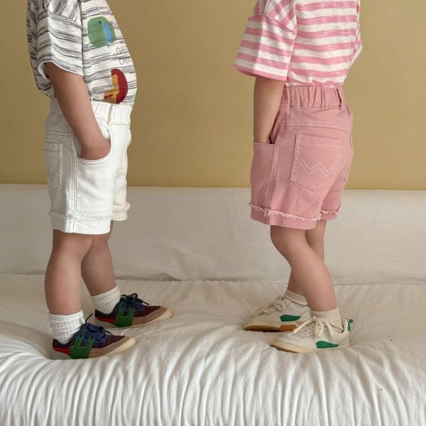 素色卷邊不修邊休閒短褲 