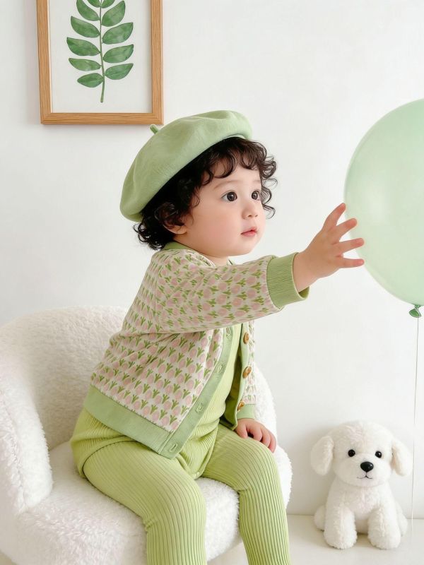 鬱金香外套+素色包屁衣+褲襪三件套 