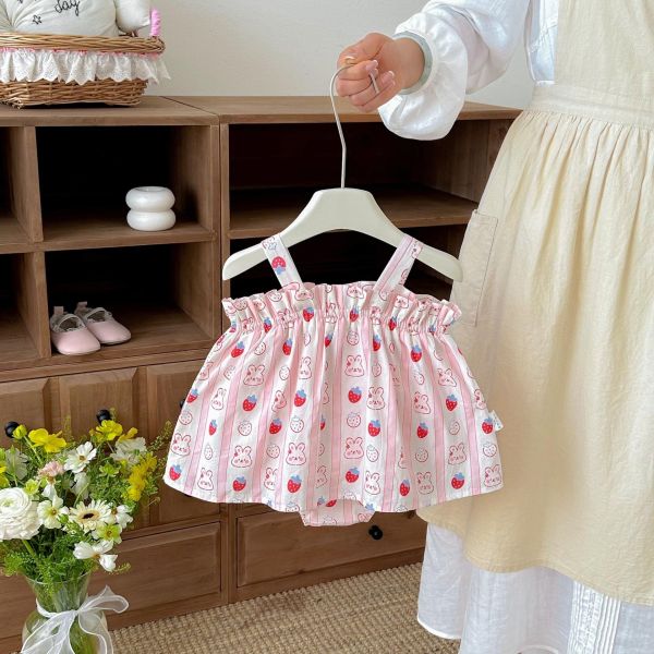 可愛蝴蝶結兔子印花背帶包屁裙 