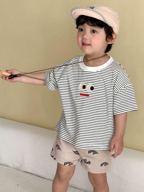 可愛表情貼布簡約素色/條紋上衣 