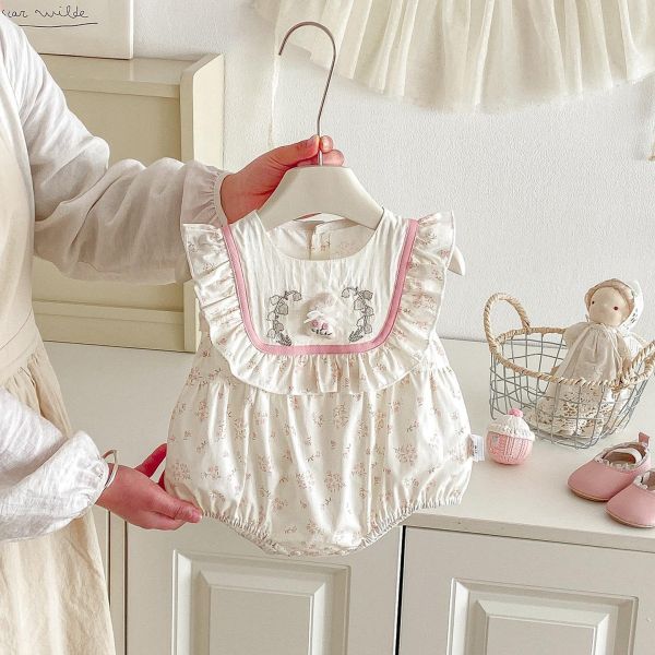 方領碎花兔子花邊包屁衣 