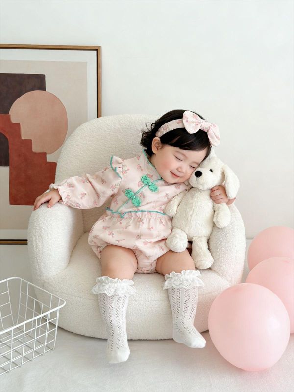 復古甜美旗袍式包屁衣+髮帶 