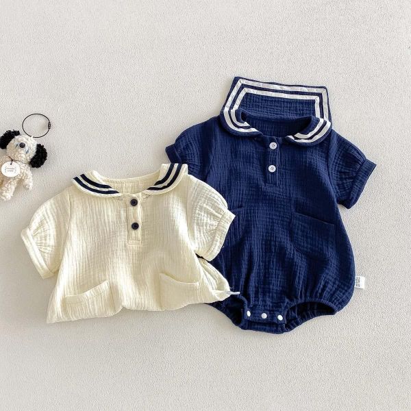 海軍風翻領棉麻雙扣包屁衣 