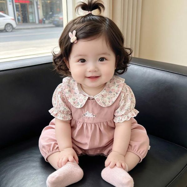 碎花兔耳上衣+粉嫩兔子連身褲套裝 