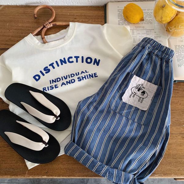 豎條紋口袋貼布薄款九分長褲 