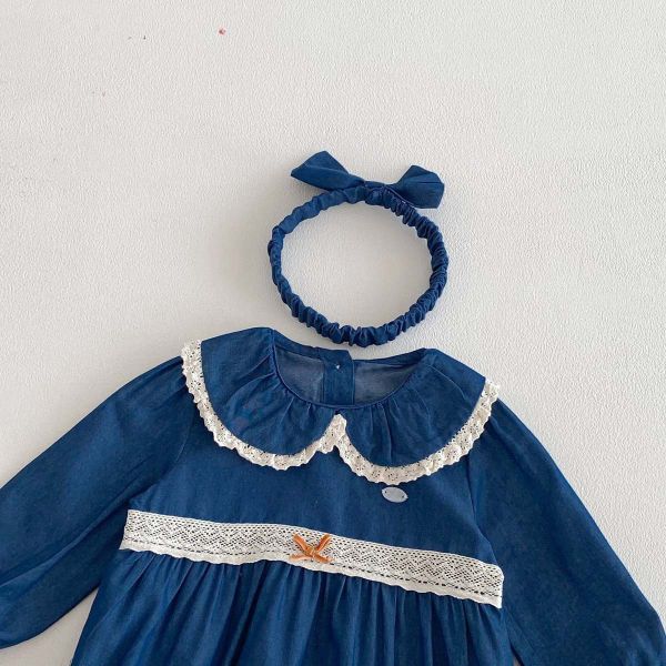 娃娃領蕾絲牛仔包屁衣(含髮帶) 