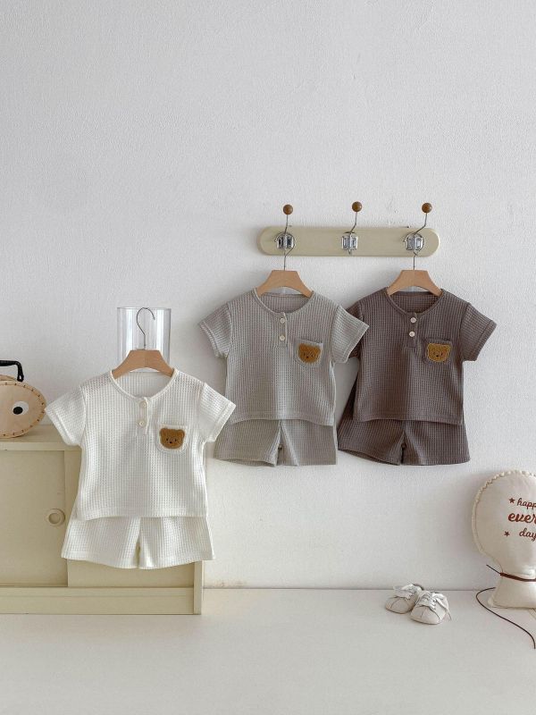 素色華夫格小熊單口袋彈力套裝 