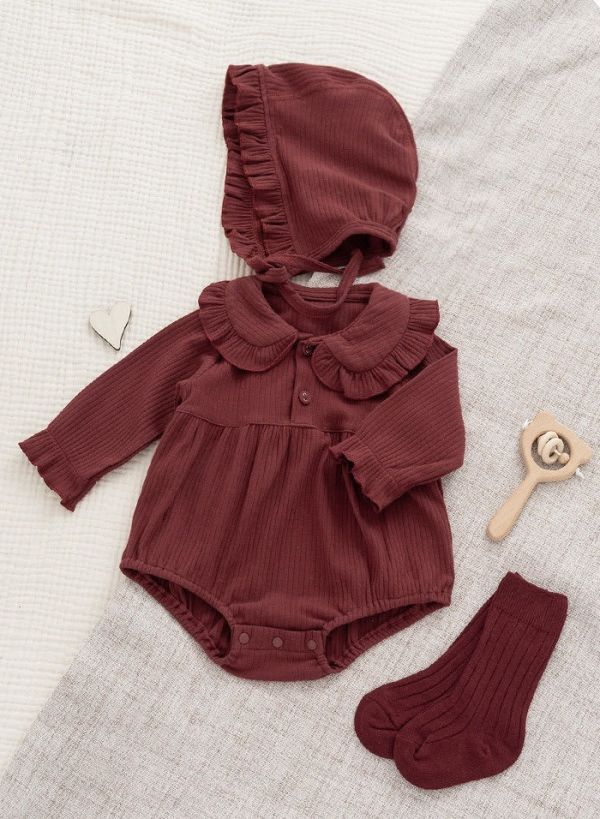 新生兒酒紅色質感花領包屁衣 