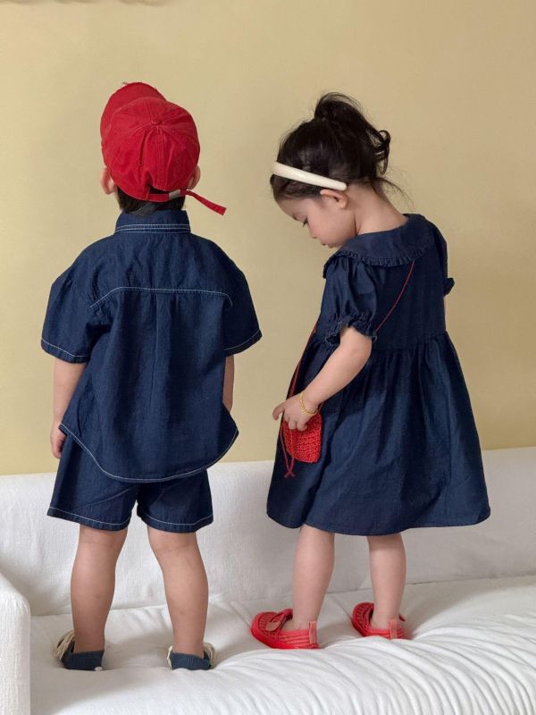 男女童笑臉牛仔襯衫布套裝/洋裝 