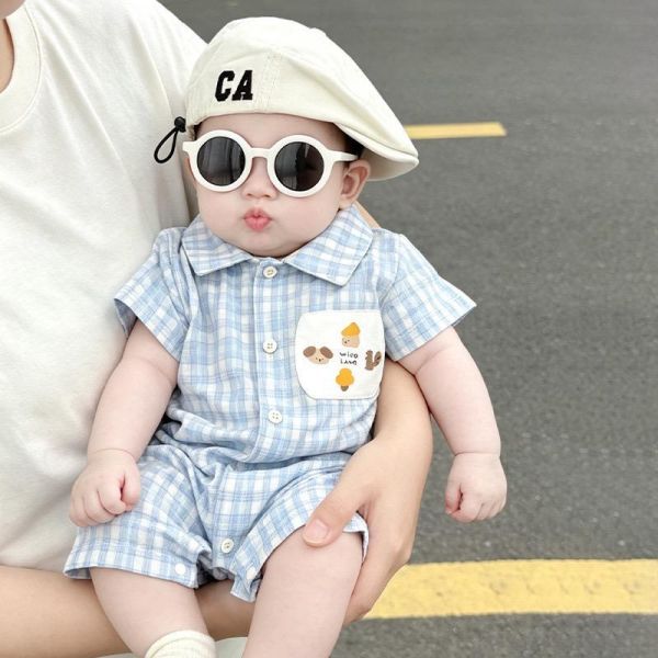 塗鴉貼布格紋翻領連身裝 