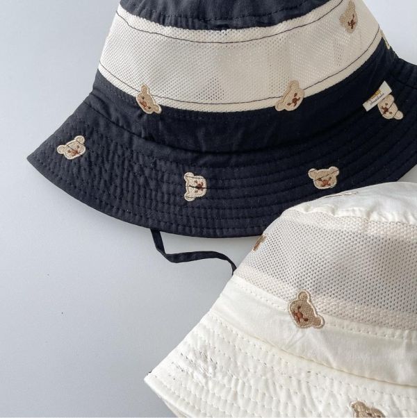 小熊刺繡透氣網眼遮陽漁夫帽 